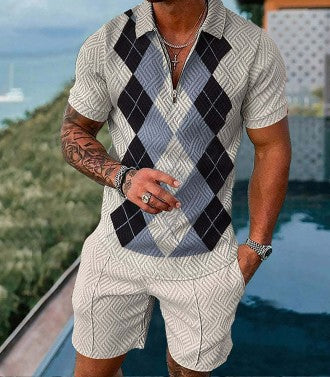 Men's Casual Print Lapel Zipper Two-Piece Suit