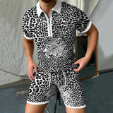 3D Printed Short Sleeve POLO Shirt Suit Men's Zipper Shorts