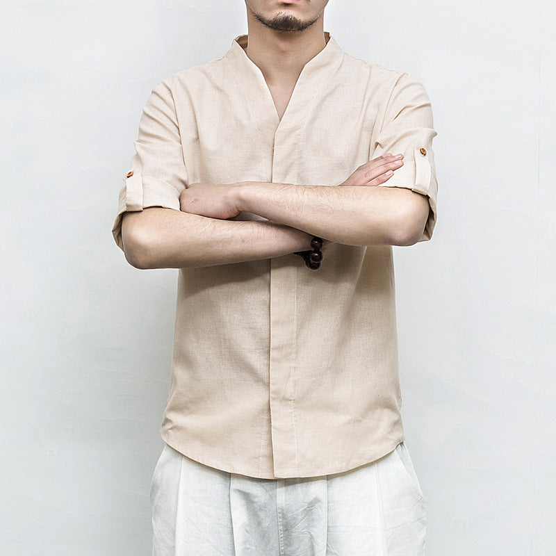 Ethnic style short sleeve cotton shirt