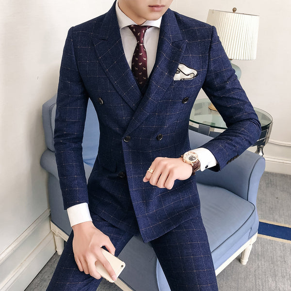Three-Piece Korean Style Men's Plaid Slim Suit