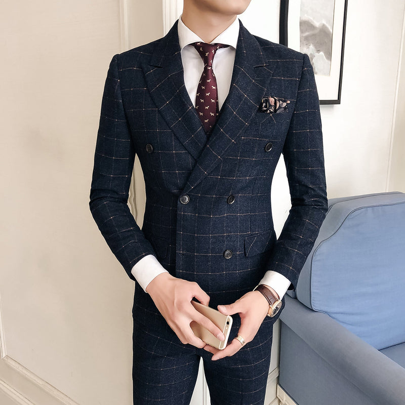 Three-Piece Korean Style Men's Plaid Slim Suit
