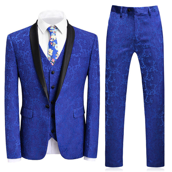 High-end Suit Jacquard Navy Blue Men's Suit Three-piece Banquet Groom Suit