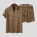 Leopard Printed Lapel Short Sleeve Summer Sets Men