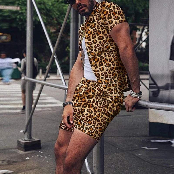 Leopard Printed Lapel Short Sleeve Summer Sets Men