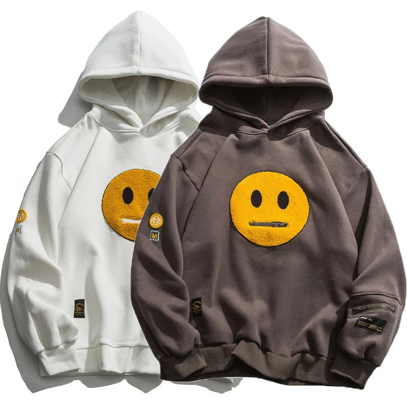 Zipper Pocket Smile Face Patchwork Fleece Hooded Sweatshirt