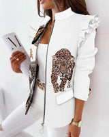 Leopard Print Zip Ruffle Shoulder Jacket