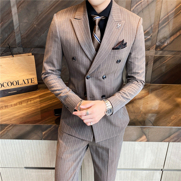 Men's Business Casual Double Breasted Striped Suit