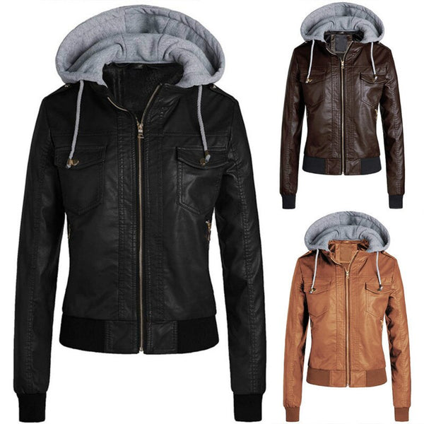 hooded Leather jacket women