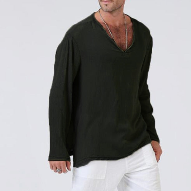 Linen Ethnic Style Loose Men's V-neck  Long-sleeved T-shirt