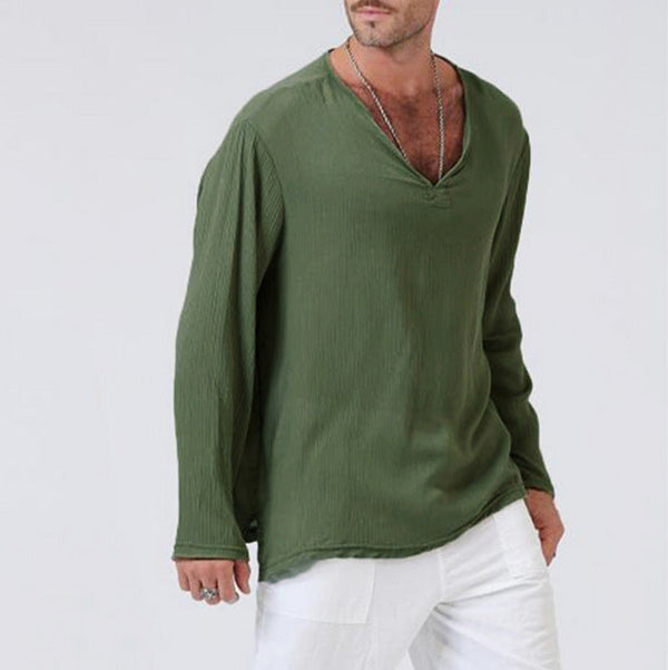 Linen Ethnic Style Loose Men's V-neck  Long-sleeved T-shirt