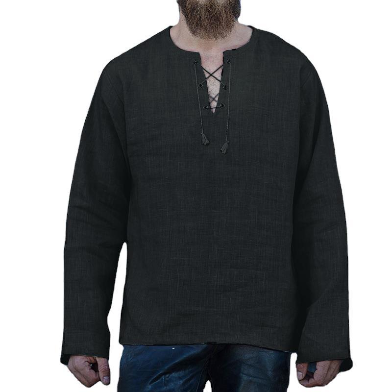 Lace-up Loose V-neck Long-sleeved T-shirt Men