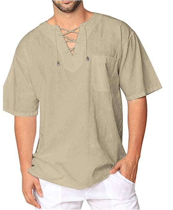 Eyelet Tie Cotton Linen Men's Short Sleeve Shirt