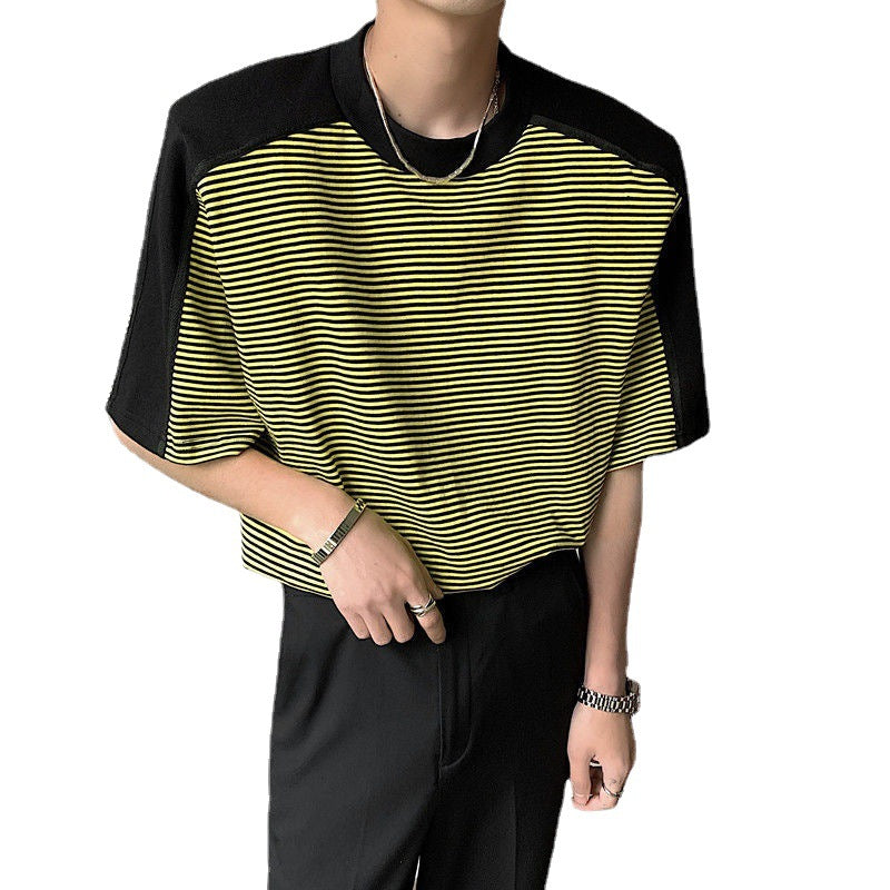 Men's Striped Stitching T-shirt With Shoulder Pads