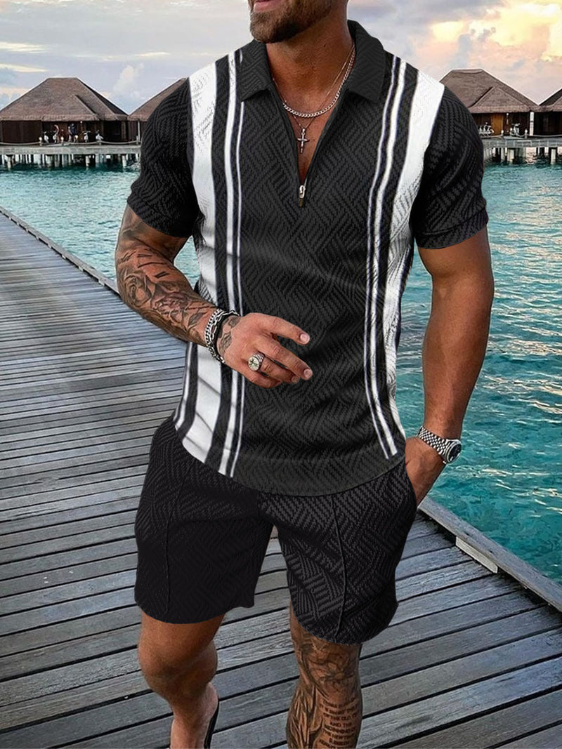 Men's Casual Color Contrast POLO Zip Lapel Shirt Short Sleeve Suit