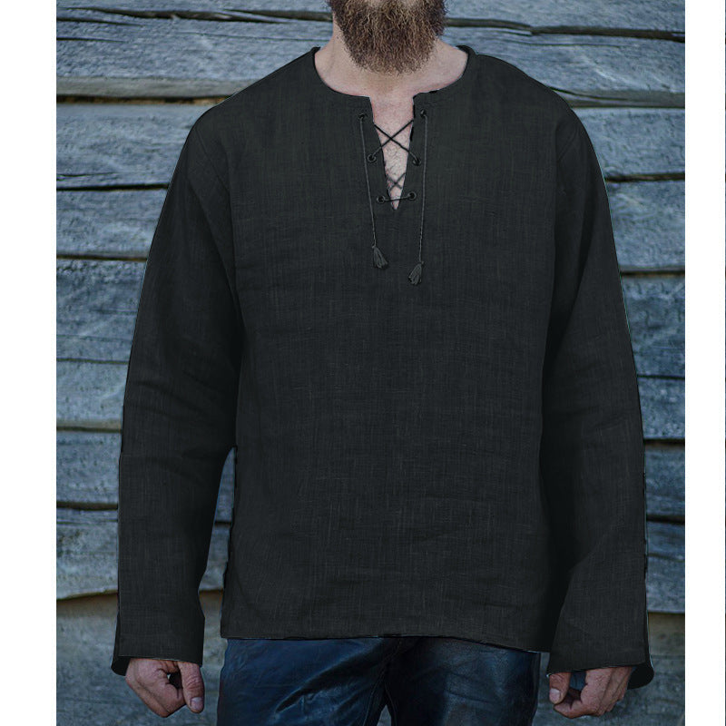 Lace-up Loose V-neck Long-sleeved T-shirt Men