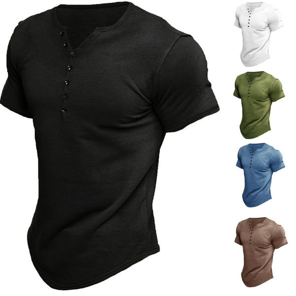 Men's Casual Solid Color Button Sleeve summer t-shirt