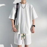 Men's Loose Waffle Short-sleeved Shorts Two-piece Set