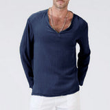 Linen Ethnic Style Loose Men's V-neck  Long-sleeved T-shirt