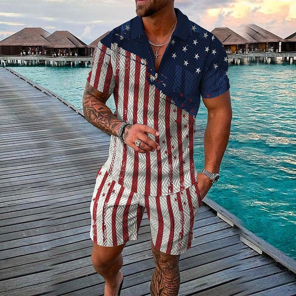 Men's Flag Print Lapel Zipper Two-Piece Suit