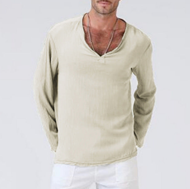 Linen Ethnic Style Loose Men's V-neck  Long-sleeved T-shirt