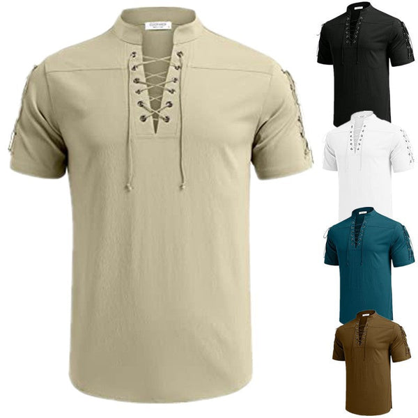 Men's Beach Shirt Short Sleeve Tie V Neck T-Shirt Summer