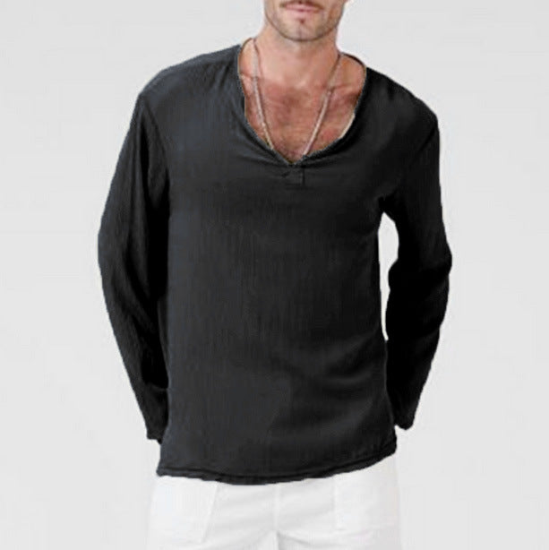 Linen Ethnic Style Loose Men's V-neck  Long-sleeved T-shirt