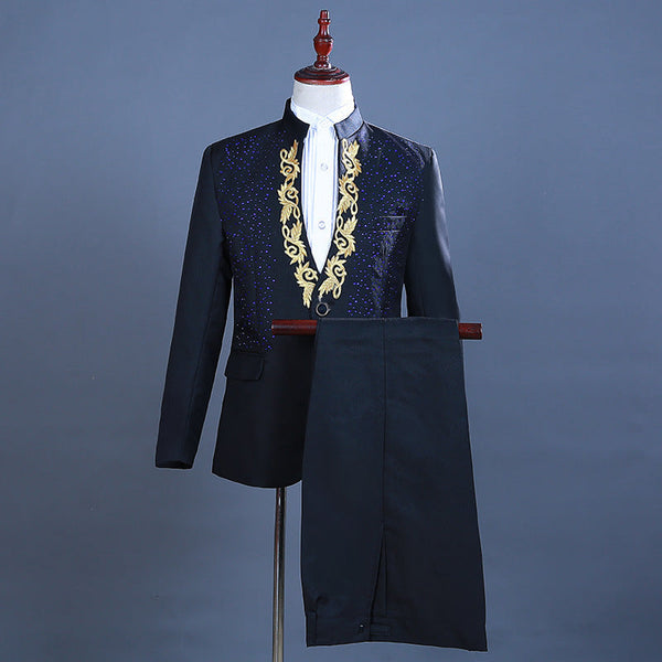Men's Hot Flower Rhinestone Stand Collar Suit