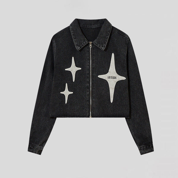 American Street Retro Twinkling Star Patch Washed Denim Jacket