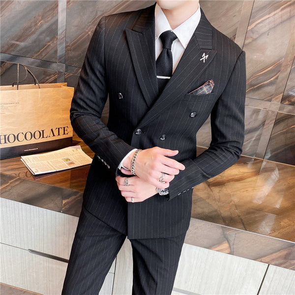 Men's Business Casual Double Breasted Striped Suit