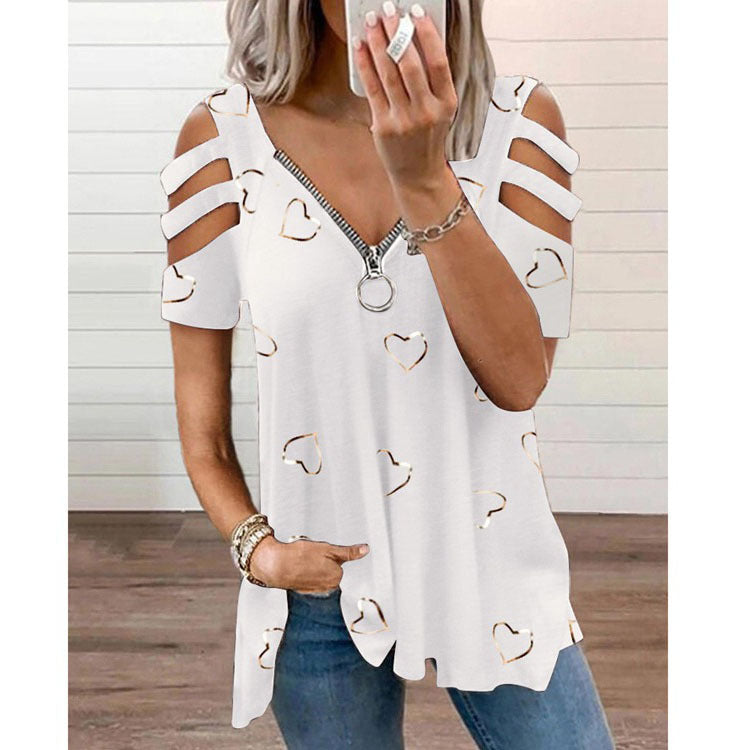 V-neck Zipper Printing Short-sleeved Loose Casual Women's top