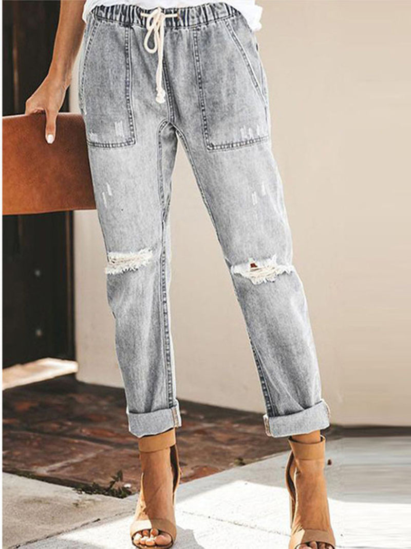 Women's Casual Straight Hole Mid-Waist Trousers