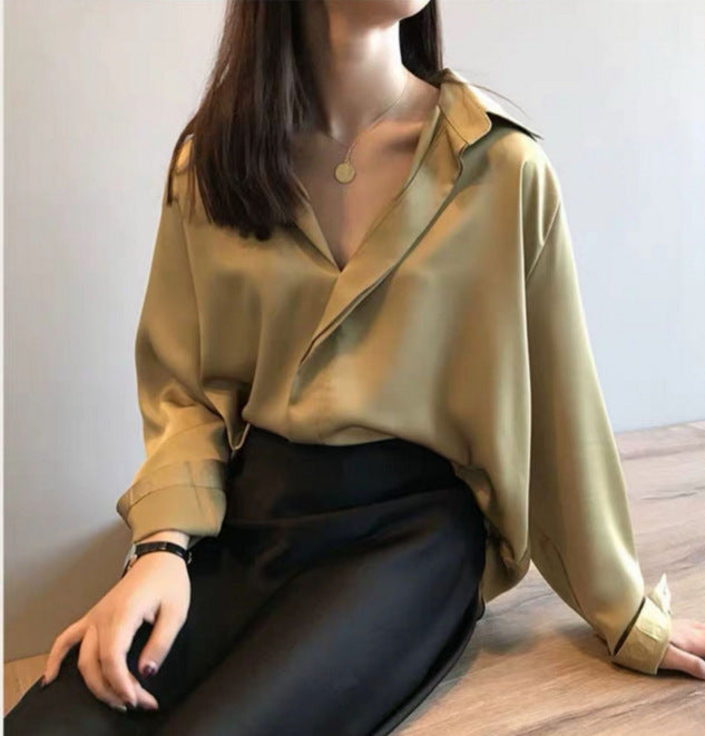 Silk satin v-neck chiffon shirt women