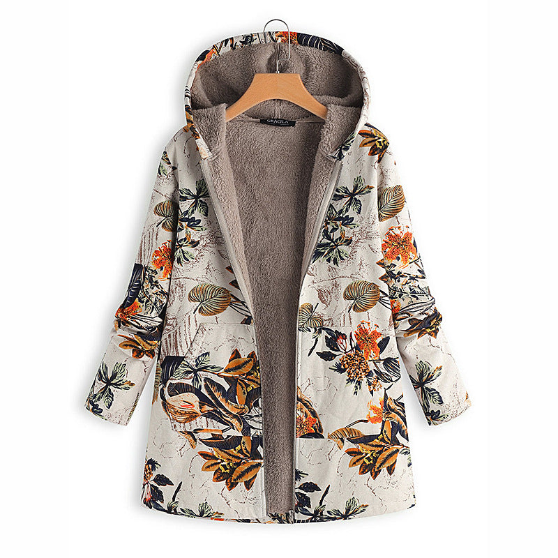 Women's Cotton And Linen Printed Hooded Sweater