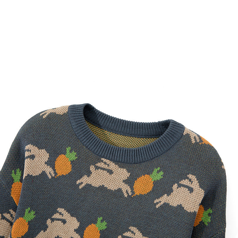 Fashion Loose Rabbit Carrot Print Top Crew Neck Knit Sweater