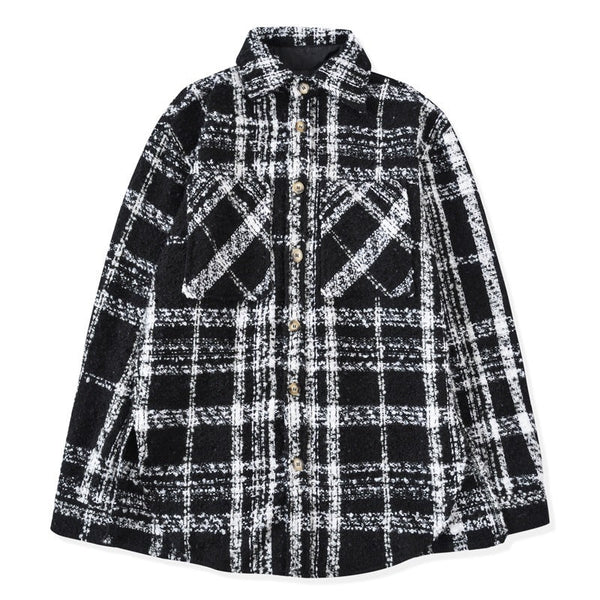Wool black and white plaid men and women couple knit shirt jacket