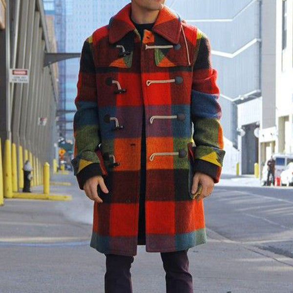 buttoned long sleeve plaid trench coat men