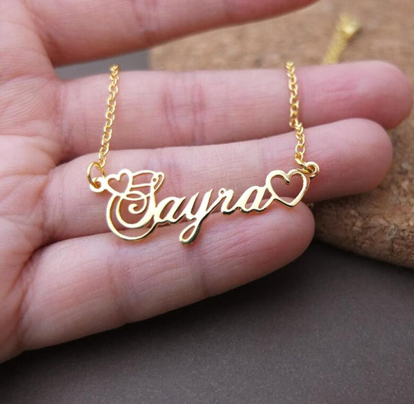 Custom Women's Name Necklace with Double Empty Heart