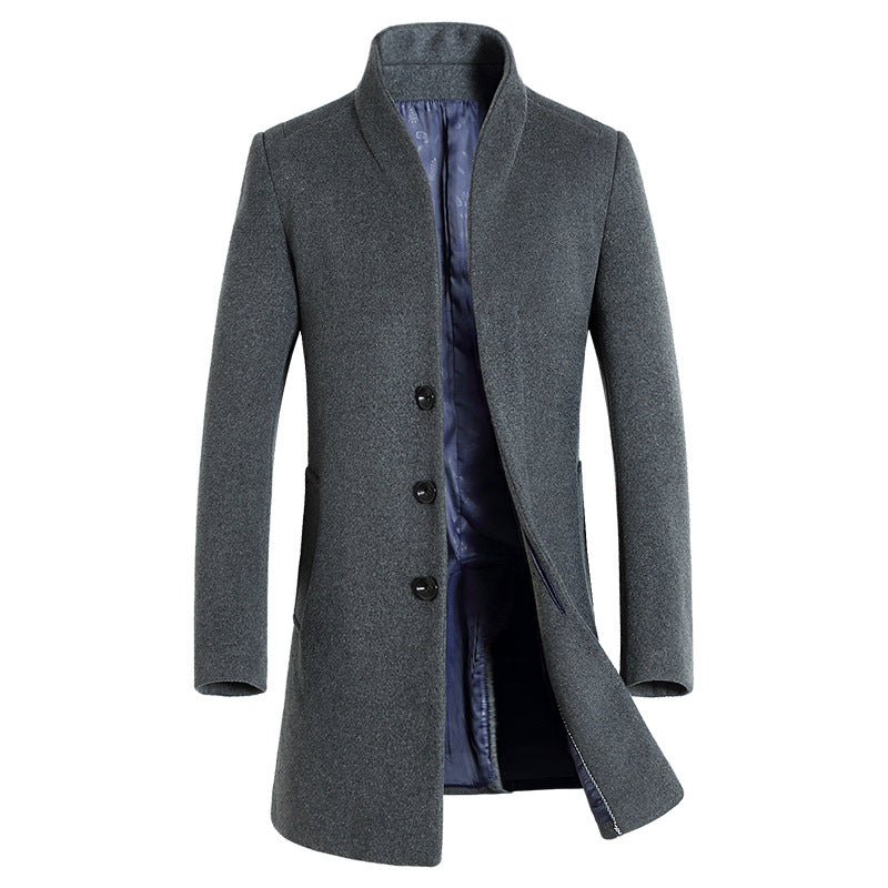 Men's mid-length casual stand-collar woolen coat