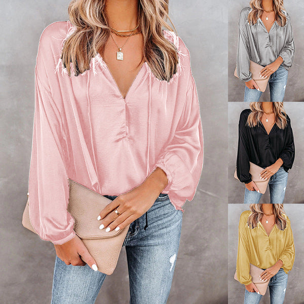 Long-Sleeved V-Neck Casual Top