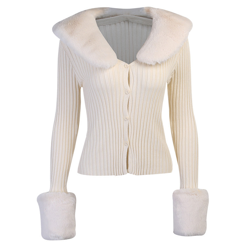 Furry Sleeves Slim Cardigan Knitted Sweater