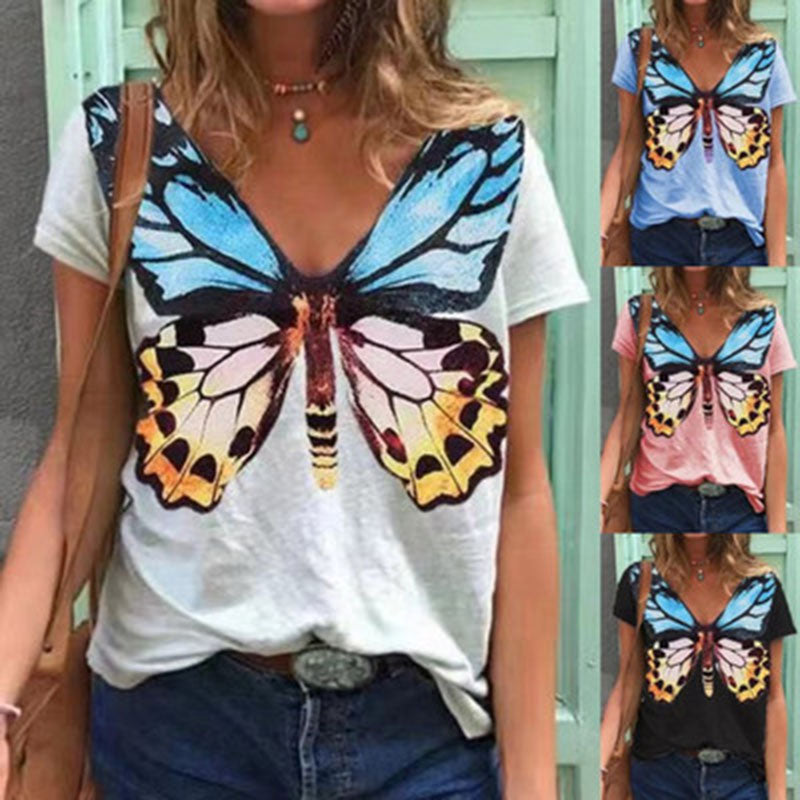 Butterfly Print Short Sleeve V-Neck T-Shirt