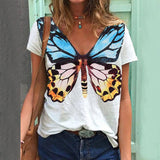 Butterfly Print Short Sleeve V-Neck T-Shirt