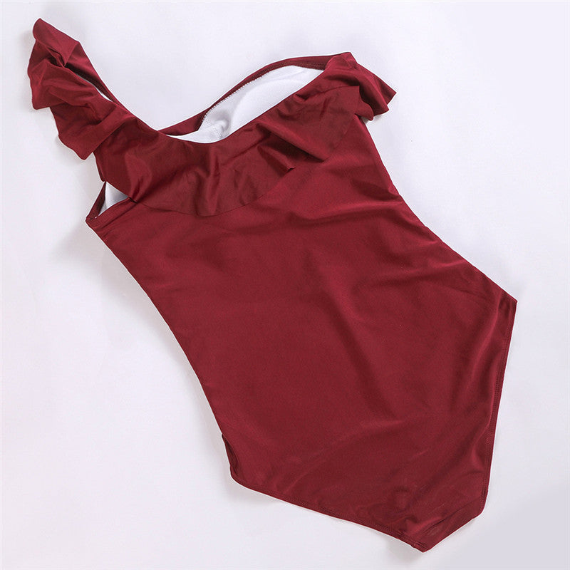 Solid Color Ruffled One-shoulder Swimsuit Bikini