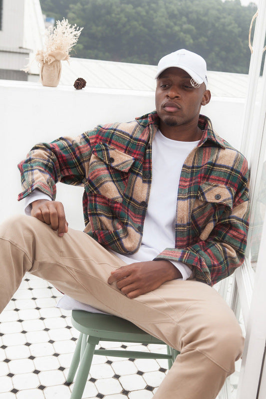 Knitted Woolen Shirt Jacket Hip-hop Plaid Shirt