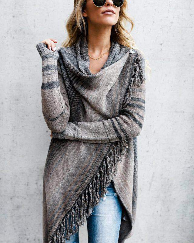 Mid-Length Slim Fashion Tassel Striped Sweater