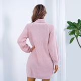 Winter Turtleneck Long Sweater Dress With Button Design Leisure Base Sweater Women