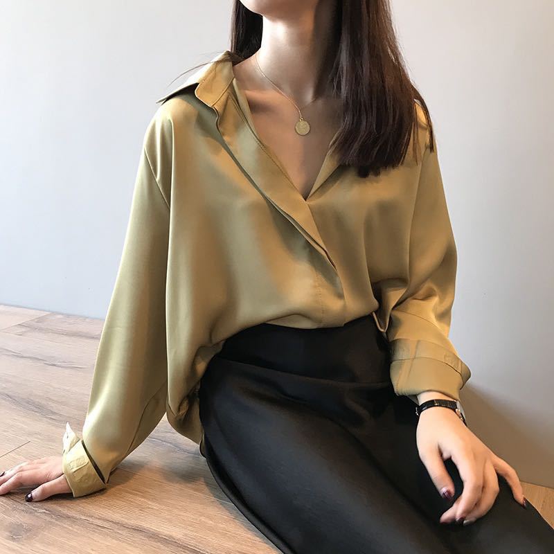 Silk satin v-neck chiffon shirt women