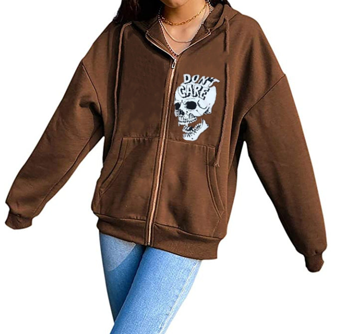 Women's Streetwear Hooded Jacket Skeleton Print Coat Loose Fit Long Sleeve Zipper Pullover Oversize Hoodies