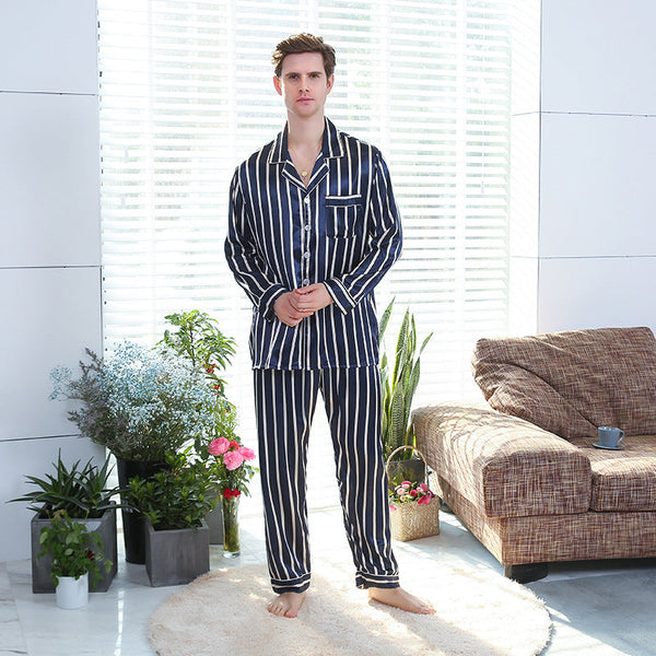Fall men's simulated silk stripe pajamas