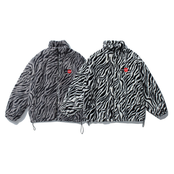 Zebra Print Stand Collar Rabbit Plush Jacket